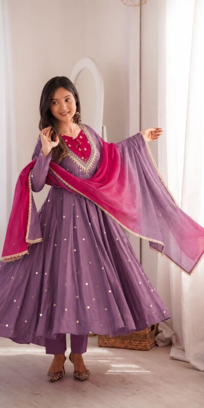 ZF 5023 Lavender Roman Silk Gown with Mirror Work & Embroidery Work. Special Price ₹2099. Delivery 4-6 Working Days. Shop now. | Gowns, Bollywood Gowns, Creative Gowns, Designer Gowns, Embroidered Gowns, Party Wear Gowns