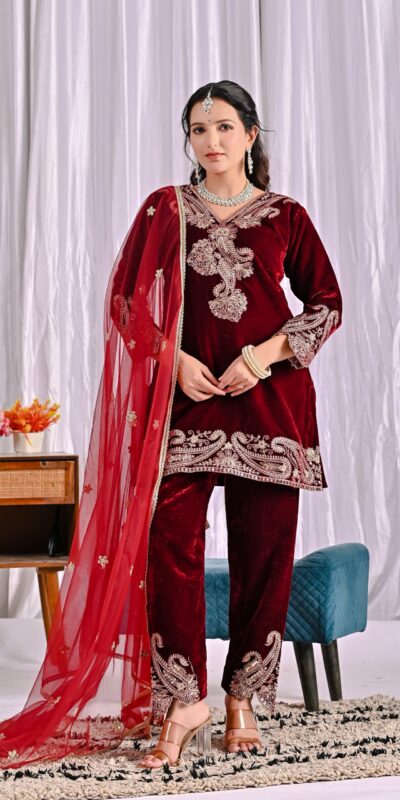 NF 1261 Maroon Viscose Velvet Salwar Suit with Embroidery Work & Lace Work. Grab it for ₹2249. Delivery 4-6 Working Days. Shop now. | Jump Suits, Salwar suit, Casual Suits, Creative suits, Designer Suits, Palazzo Suits, Party Wear Suits, Patiala Suits, Straight Suits