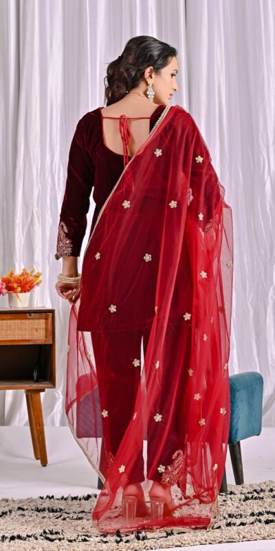 NF 1261 Maroon Viscose Velvet Salwar Suit with Embroidery Work & Lace Work. Grab it for ₹2249. Delivery 4-6 Working Days. Shop now. | Jump Suits, Salwar suit, Casual Suits, Creative suits, Designer Suits, Palazzo Suits, Party Wear Suits, Patiala Suits, Straight Suits