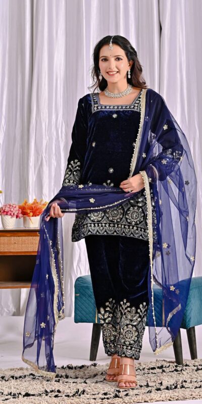 MD 3072 Navy Blue Viscose Velvet Salwar Suit with Embroidery Work & Lace Work. Grab it for ₹2399. Delivery 4-6 Working Days. Shop now. | Jump Suits, Salwar suit, Casual Suits, Creative suits, Designer Suits, Palazzo Suits, Party Wear Suits, Patiala Suits, Straight Suits