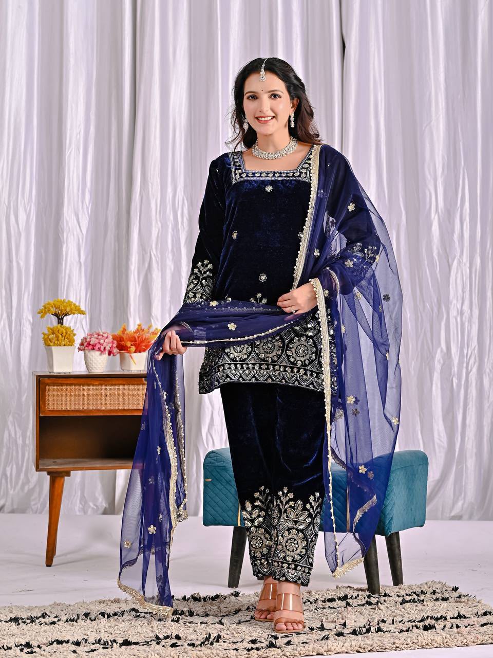 MD 3072 Navy Blue Viscose Velvet Salwar Suit with Embroidery Work & Lace Work. Grab it for ₹2399. Delivery 4-6 Working Days. Shop now. | Jump Suits, Salwar suit, Casual Suits, Creative suits, Designer Suits, Palazzo Suits, Party Wear Suits, Patiala Suits, Straight Suits