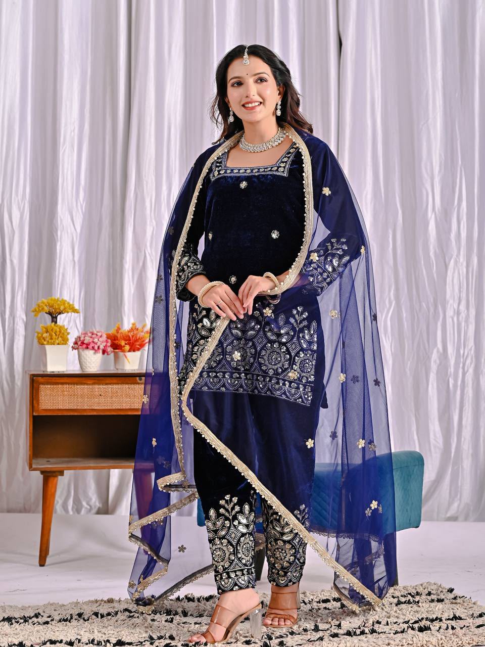MD 3072 Navy Blue Viscose Velvet Salwar Suit with Embroidery Work & Lace Work. Grab it for ₹2399. Delivery 4-6 Working Days. Shop now. | Jump Suits, Salwar suit, Casual Suits, Creative suits, Designer Suits, Palazzo Suits, Party Wear Suits, Patiala Suits, Straight Suits