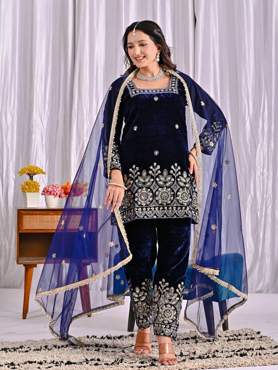 MD 3072 Navy Blue Viscose Velvet Salwar Suit with Embroidery Work & Lace Work. Grab it for ₹2399. Delivery 4-6 Working Days. Shop now. | Jump Suits, Salwar suit, Casual Suits, Creative suits, Designer Suits, Palazzo Suits, Party Wear Suits, Patiala Suits, Straight Suits