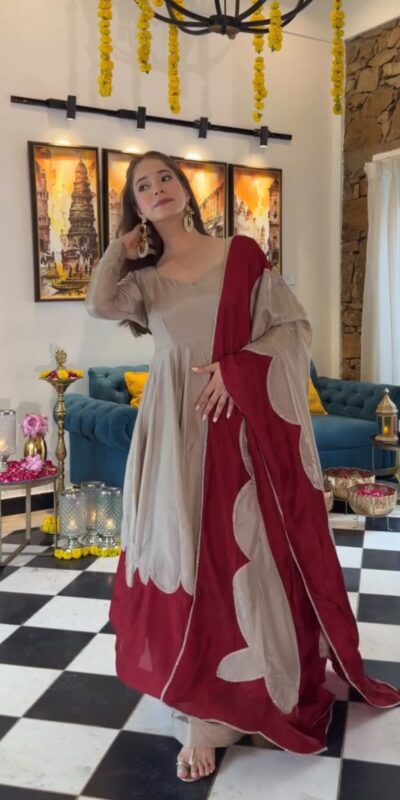 AD 249 Off White Roman Silk Gown with Mirror Work & Embroidery Work. Special Price ₹2999. Delivery 4-6 Working Days. Shop now. | Gowns, Bollywood Gowns, Creative Gowns, Designer Gowns, Embroidered Gowns, Party Wear Gowns