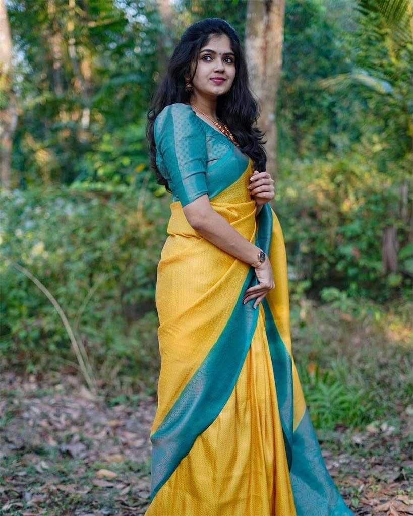 KP 5019 Yellow Soft Lichi Jacquard Work Saree for Wedding, Party, Cultural Events, Traditional Day, Pooja . Grab it for ₹1649. Delivery 4-6 Working Day | Sarees, Bollywood Sarees, Creative Sarees, Designer Sarees, Embroidered Sarees, Ethnic Saree, Modern Digital sarees, Party Wear Sarees