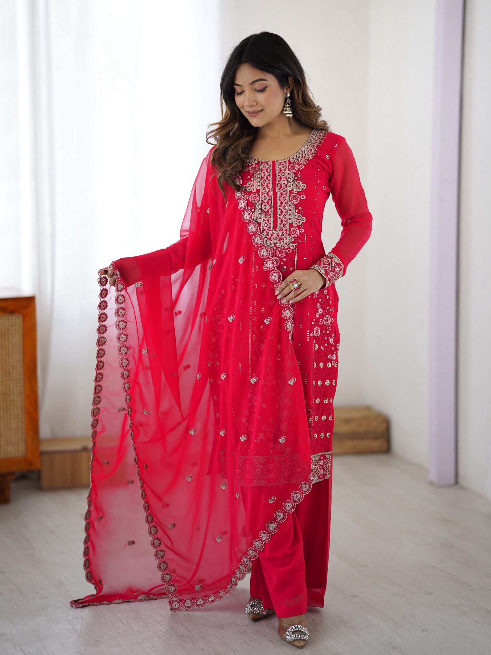 SP 37 Pink Faux Georgette Salwar Suit with Mirror Work & Embroidery Work. Get it for ₹1999. Delivery 4-6 Working Days. Shop now. | Jump Suits, Salwar suit, Casual Suits, Creative suits, Designer Suits, Palazzo Suits, Party Wear Suits, Patiala Suits, Straight Suits