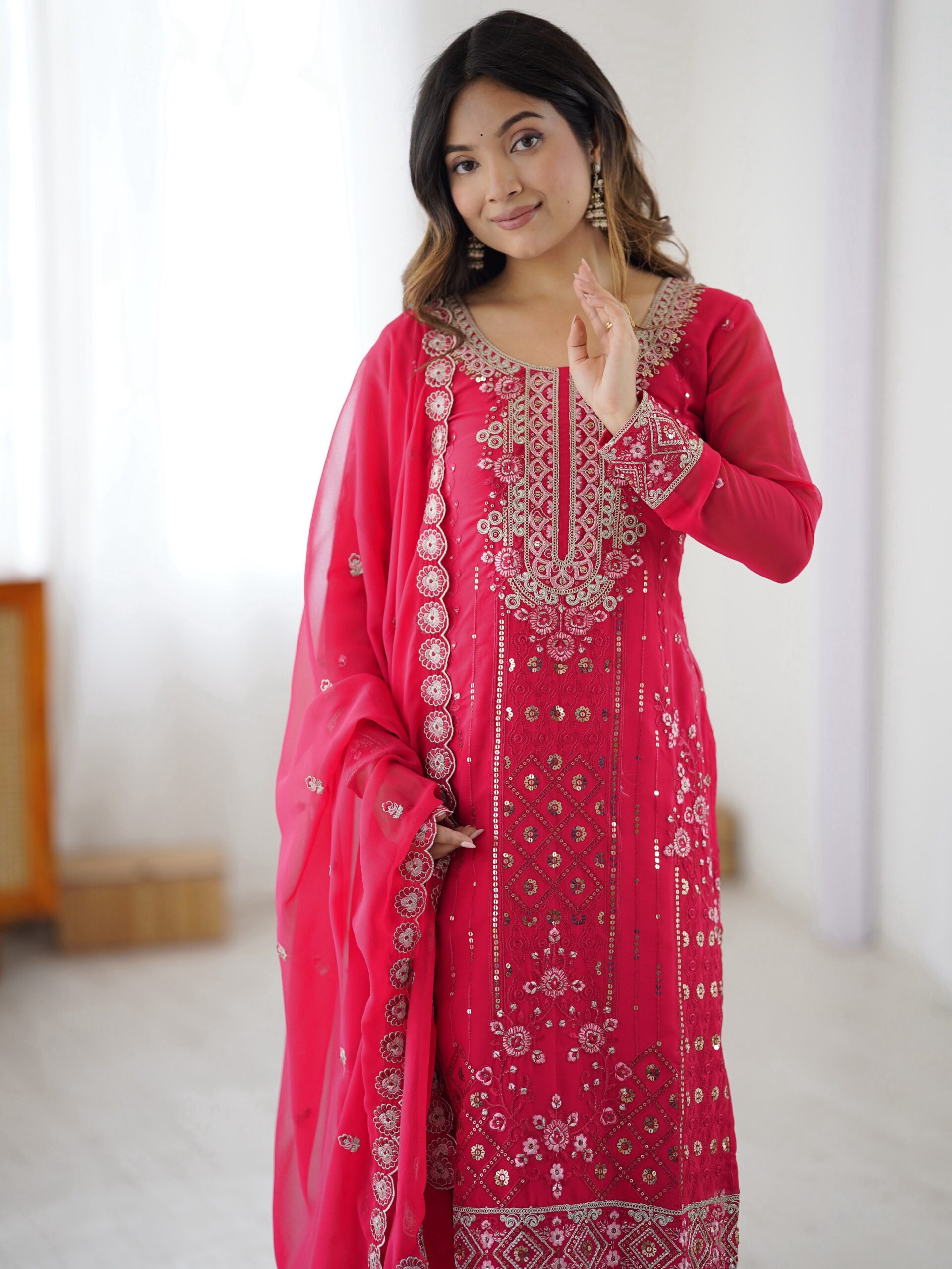SP 37 Pink Faux Georgette Salwar Suit with Mirror Work & Embroidery Work. Get it for ₹1999. Delivery 4-6 Working Days. Shop now. | Jump Suits, Salwar suit, Casual Suits, Creative suits, Designer Suits, Palazzo Suits, Party Wear Suits, Patiala Suits, Straight Suits