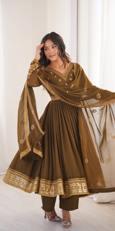 SP 104 Brown| Faux Georgette Salwar Suit with Lace Work & Digital Print. Introductory Price ₹2799. Delivery 4-6 Working Days. Shop now. | Anarkali Suits, Bollywood Anarkali, Creative-Anarkali, Designer Anarkali, Embroidered Anarkali, Party Wear Anarkali