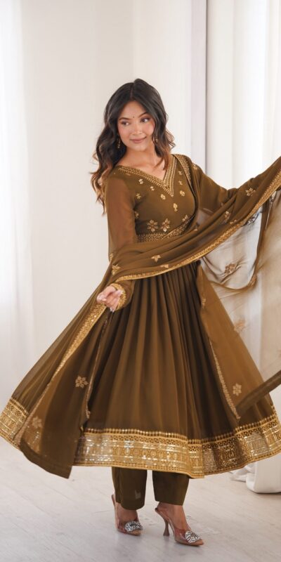 SP 104 Brown| Faux Georgette Salwar Suit with Lace Work & Digital Print. Introductory Price ₹2799. Delivery 4-6 Working Days. Shop now. | Anarkali Suits, Bollywood Anarkali, Creative-Anarkali, Designer Anarkali, Embroidered Anarkali, Party Wear Anarkali