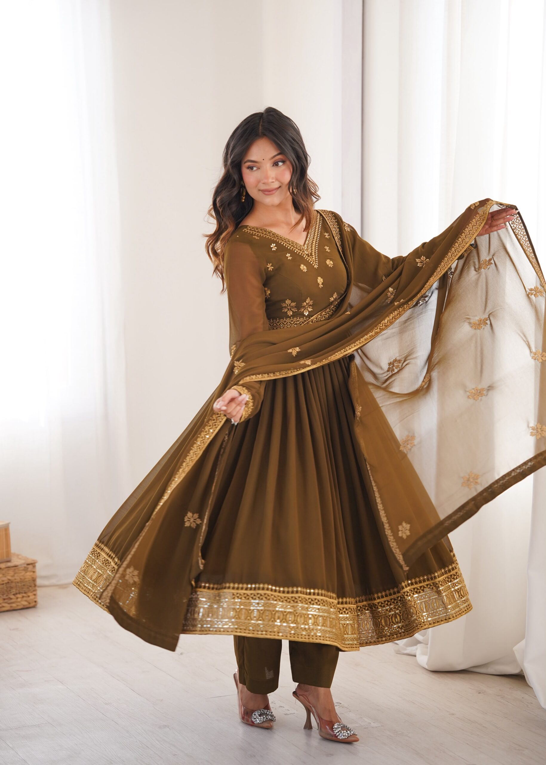 SP 104 Brown| Faux Georgette Salwar Suit with Lace Work & Digital Print. Introductory Price ₹2799. Delivery 4-6 Working Days. Shop now. | Anarkali Suits, Bollywood Anarkali, Creative-Anarkali, Designer Anarkali, Embroidered Anarkali, Party Wear Anarkali