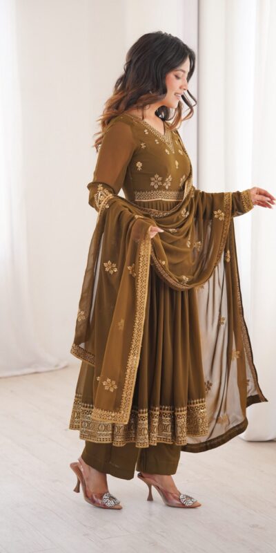 SP 104 Brown| Faux Georgette Salwar Suit with Lace Work & Digital Print. Introductory Price ₹2799. Delivery 4-6 Working Days. Shop now. | Anarkali Suits, Bollywood Anarkali, Creative-Anarkali, Designer Anarkali, Embroidered Anarkali, Party Wear Anarkali