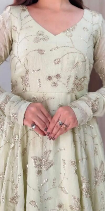 SRK 5374 Off White Fendy Silk Gown with Embroidery Work & Sequins Work. Special Price ₹2399. Delivery 4-6 Working Days. Shop now. | Gowns, Bollywood Gowns, Creative Gowns, Designer Gowns, Embroidered Gowns, Party Wear Gowns
