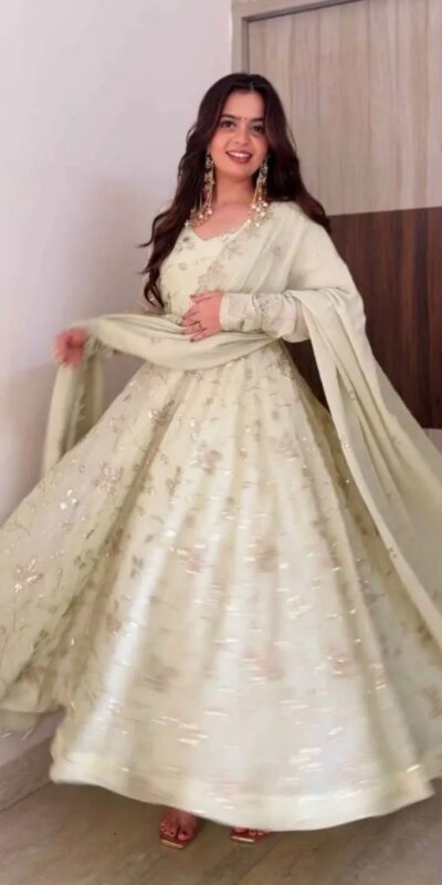 SRK 5374 Off White Fendy Silk Gown with Embroidery Work & Sequins Work. Special Price ₹2399. Delivery 4-6 Working Days. Shop now. | Gowns, Bollywood Gowns, Creative Gowns, Designer Gowns, Embroidered Gowns, Party Wear Gowns