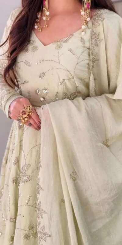 SRK 5374 Off White Fendy Silk Gown with Embroidery Work & Sequins Work. Special Price ₹2399. Delivery 4-6 Working Days. Shop now. | Gowns, Bollywood Gowns, Creative Gowns, Designer Gowns, Embroidered Gowns, Party Wear Gowns