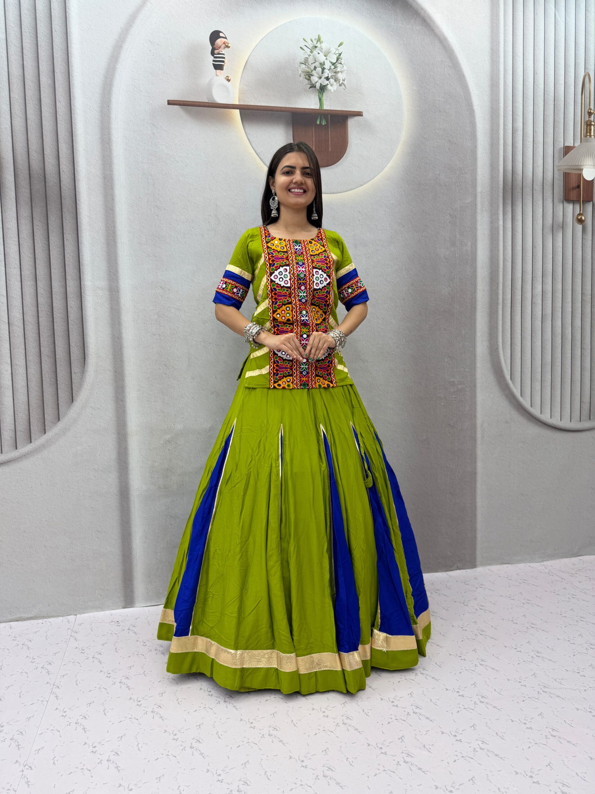 PC 584 Parrot Green in Pure Cotton Mirror Work & Gamthi Work Lehenga Choli . Exclusive Offer ₹2249. Delivery 4-6 Working Days. Shop now. | Lehenga, Bollywood Lehenga, Creative Lehenga, Designer Lehenga, Embroidered Lehenga, Party Wear Lehenga