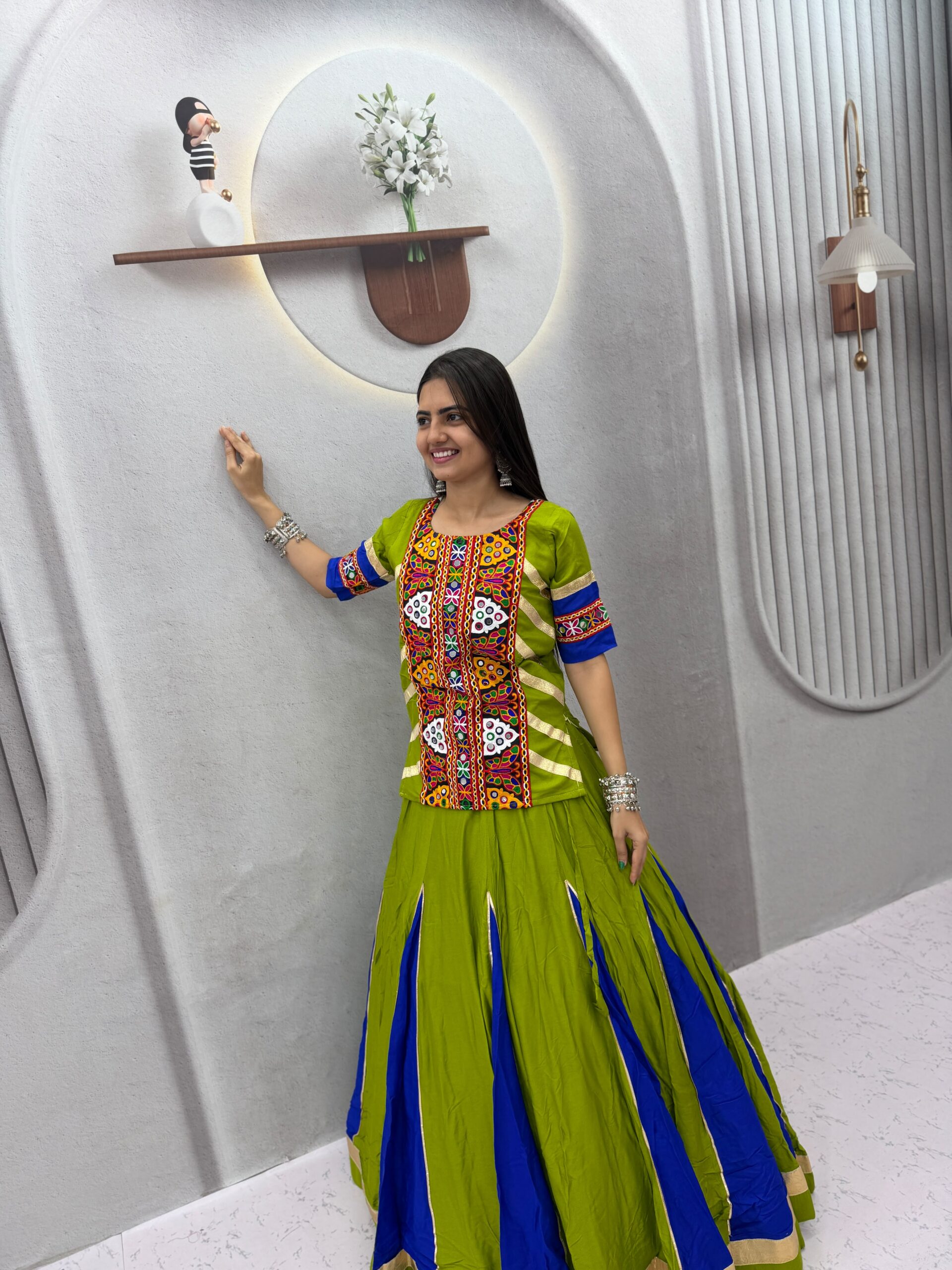 PC 584 Parrot Green in Pure Cotton Mirror Work & Gamthi Work Lehenga Choli . Exclusive Offer ₹2249. Delivery 4-6 Working Days. Shop now. | Lehenga, Bollywood Lehenga, Creative Lehenga, Designer Lehenga, Embroidered Lehenga, Party Wear Lehenga