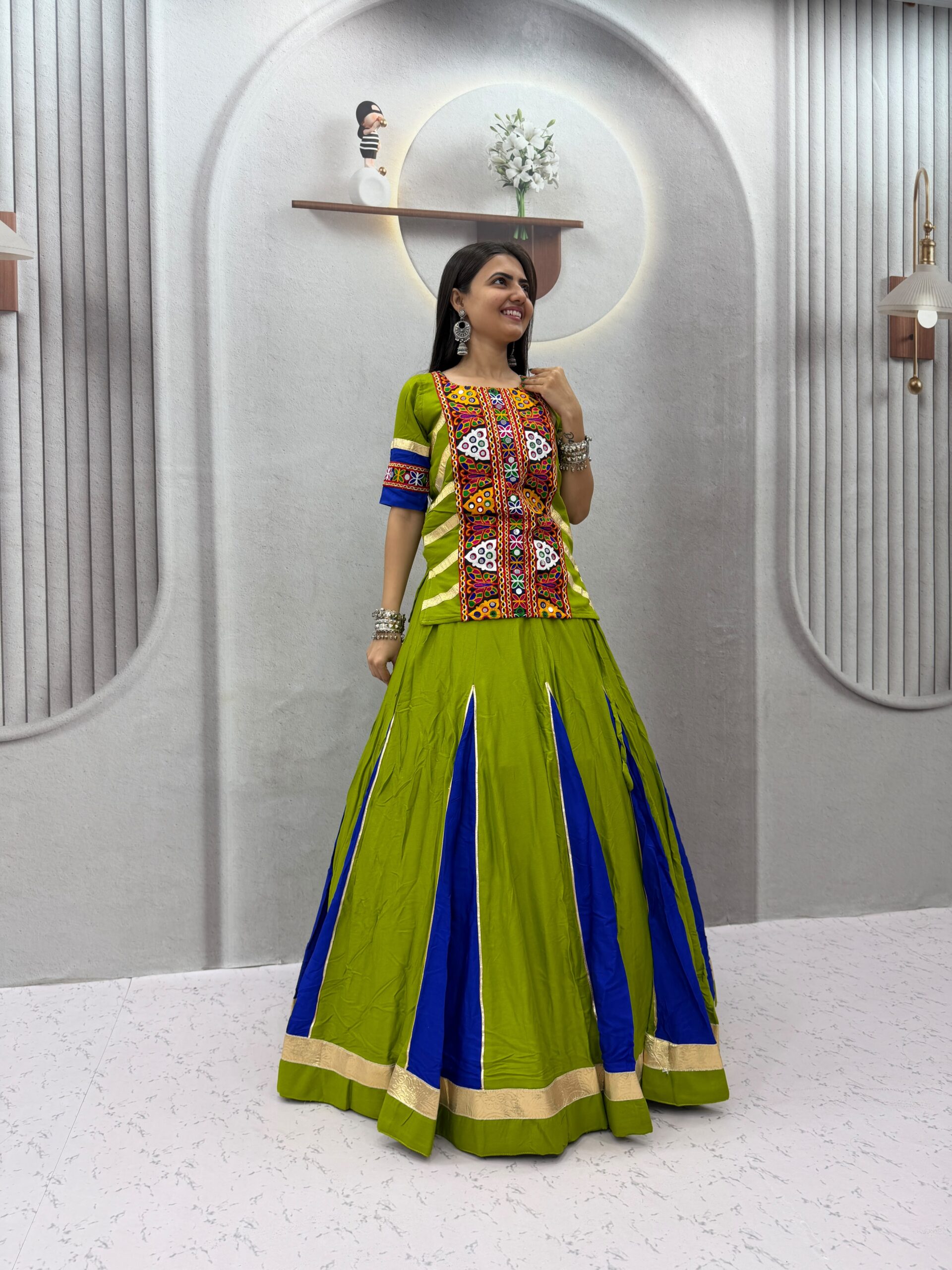 PC 584 Parrot Green in Pure Cotton Mirror Work & Gamthi Work Lehenga Choli . Exclusive Offer ₹2249. Delivery 4-6 Working Days. Shop now. | Lehenga, Bollywood Lehenga, Creative Lehenga, Designer Lehenga, Embroidered Lehenga, Party Wear Lehenga