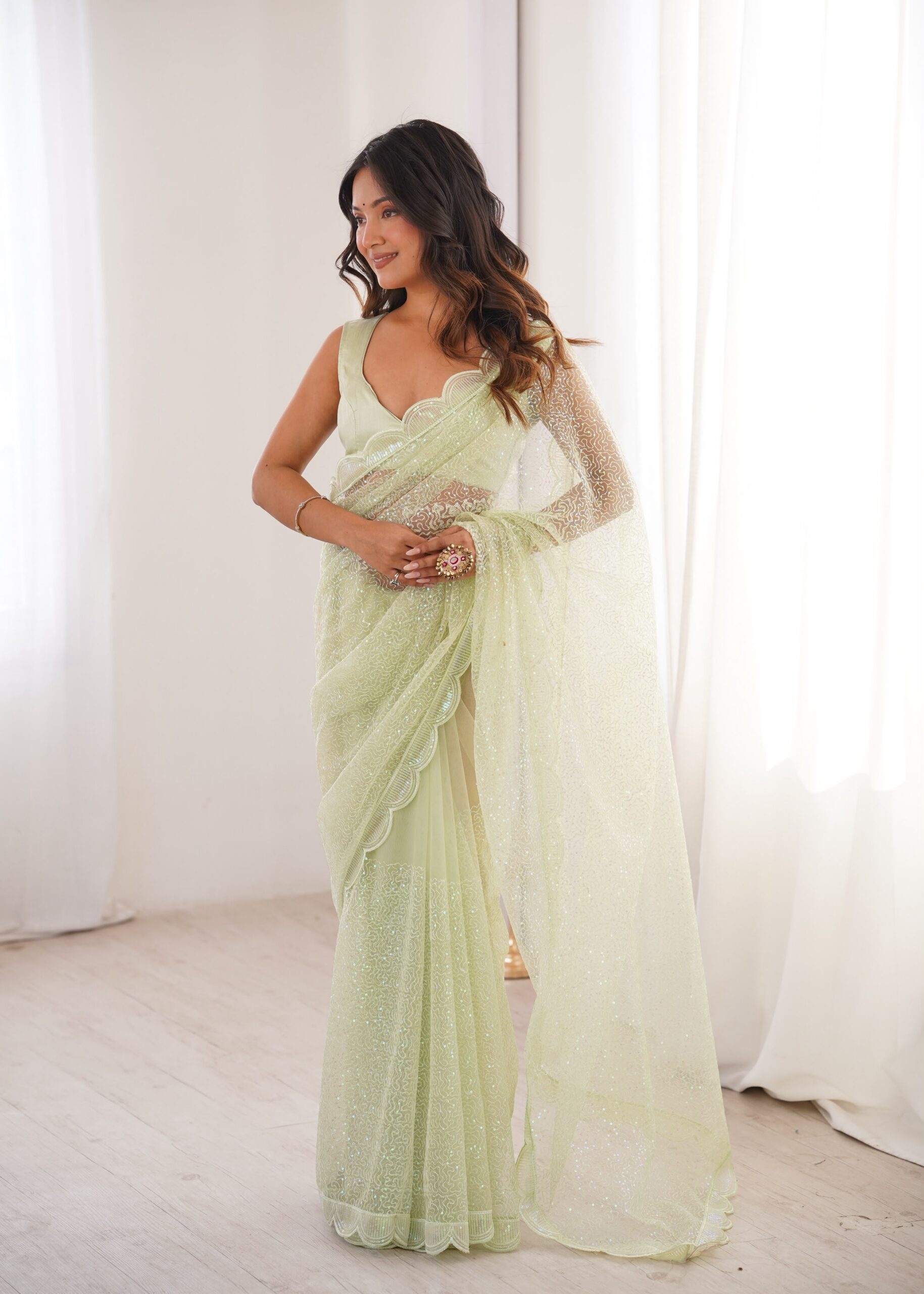 SP 90 Pista Soft Net Saree with Sequins Work & Embroidery Work. Available at ₹2299 only. Delivery 4-6 Working Days. Shop now. | Sarees, Bollywood Sarees, Creative Sarees, Designer Sarees, Embroidered Sarees, Ethnic Saree, Modern Digital sarees, Party Wear Sarees