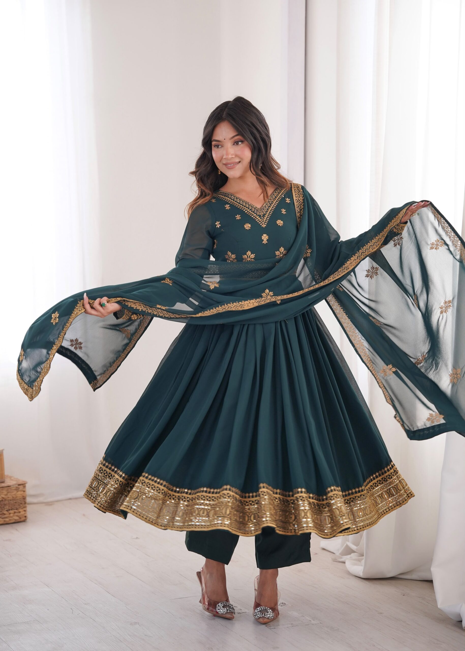 SP 104 Teal| Faux Georgette Salwar Suit with Lace Work & Digital Print. Introductory Price ₹2799. Delivery 4-6 Working Days. Shop now. | Anarkali Suits, Bollywood Anarkali, Creative-Anarkali, Designer Anarkali, Embroidered Anarkali, Party Wear Anarkali
