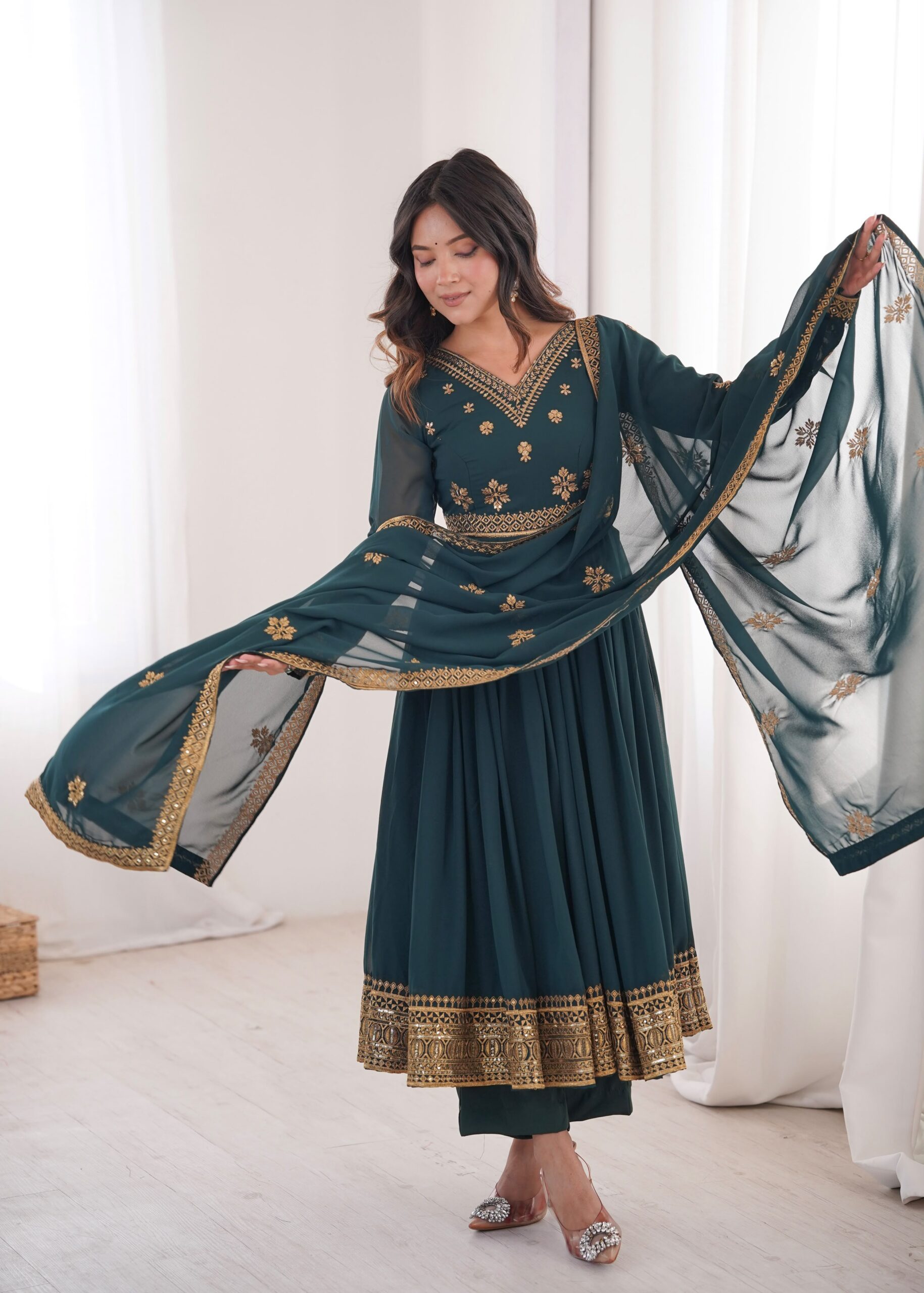 SP 104 Teal| Faux Georgette Salwar Suit with Lace Work & Digital Print. Introductory Price ₹2799. Delivery 4-6 Working Days. Shop now. | Anarkali Suits, Bollywood Anarkali, Creative-Anarkali, Designer Anarkali, Embroidered Anarkali, Party Wear Anarkali