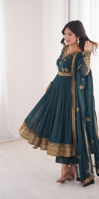 SP 104 Teal| Faux Georgette Salwar Suit with Lace Work & Digital Print. Introductory Price ₹2799. Delivery 4-6 Working Days. Shop now. | Anarkali Suits, Bollywood Anarkali, Creative-Anarkali, Designer Anarkali, Embroidered Anarkali, Party Wear Anarkali