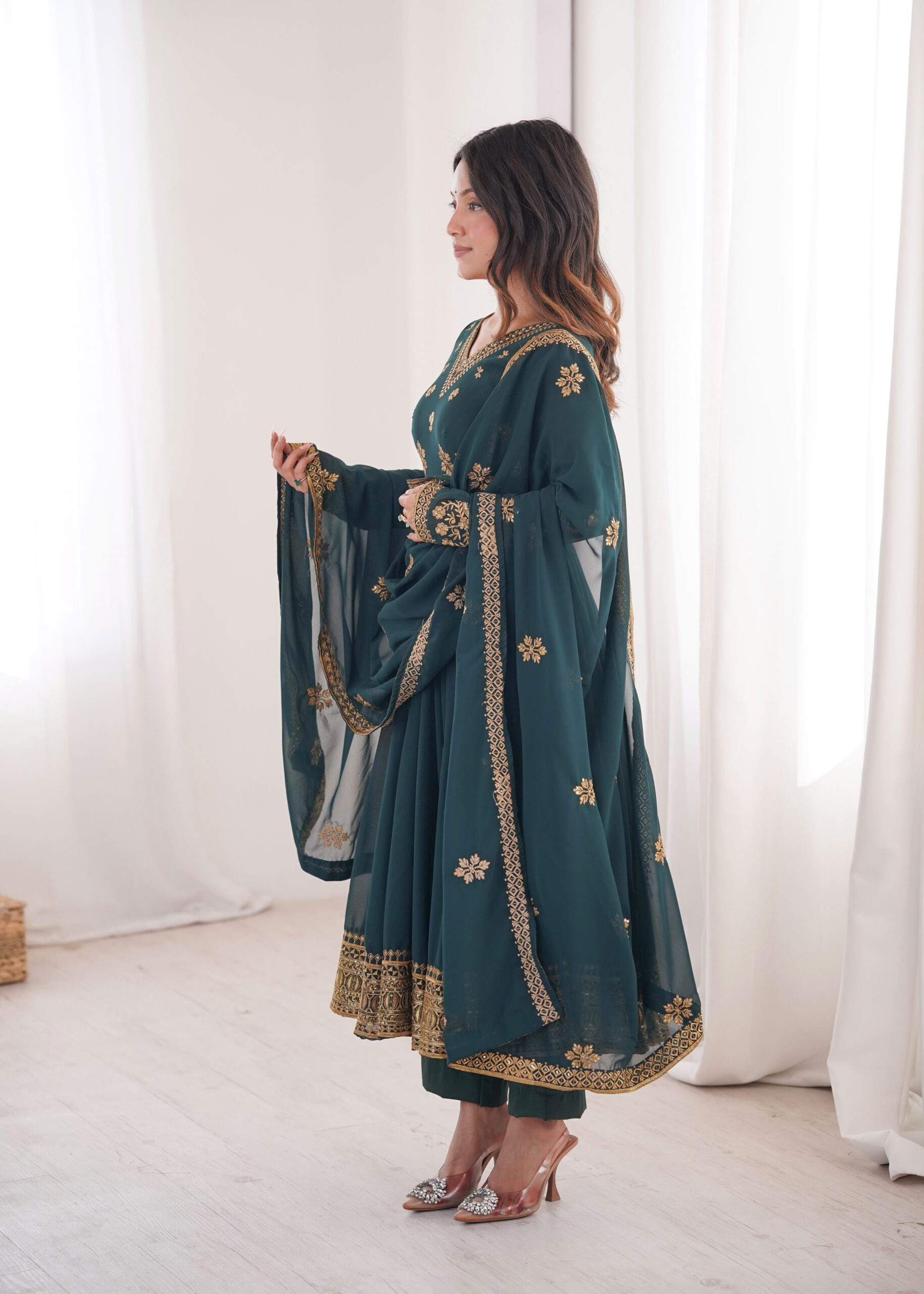 SP 104 Teal| Faux Georgette Salwar Suit with Lace Work & Digital Print. Introductory Price ₹2799. Delivery 4-6 Working Days. Shop now. | Anarkali Suits, Bollywood Anarkali, Creative-Anarkali, Designer Anarkali, Embroidered Anarkali, Party Wear Anarkali
