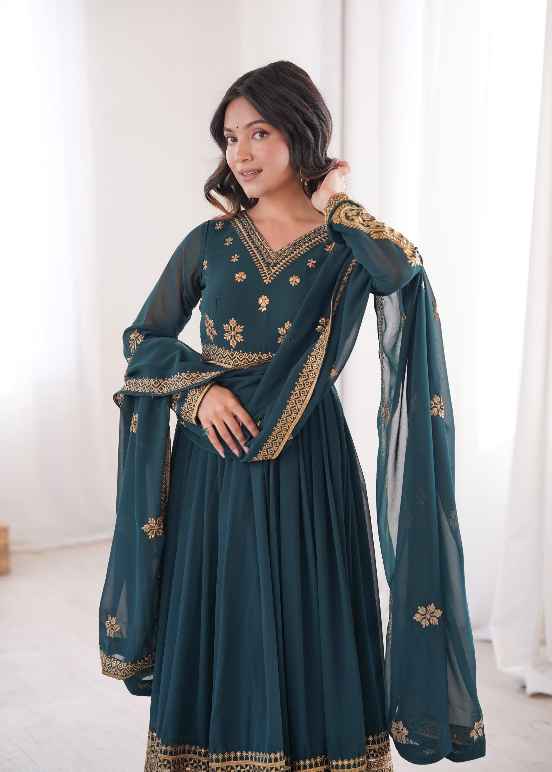 SP 104 Teal| Faux Georgette Salwar Suit with Lace Work & Digital Print. Introductory Price ₹2799. Delivery 4-6 Working Days. Shop now. | Anarkali Suits, Bollywood Anarkali, Creative-Anarkali, Designer Anarkali, Embroidered Anarkali, Party Wear Anarkali