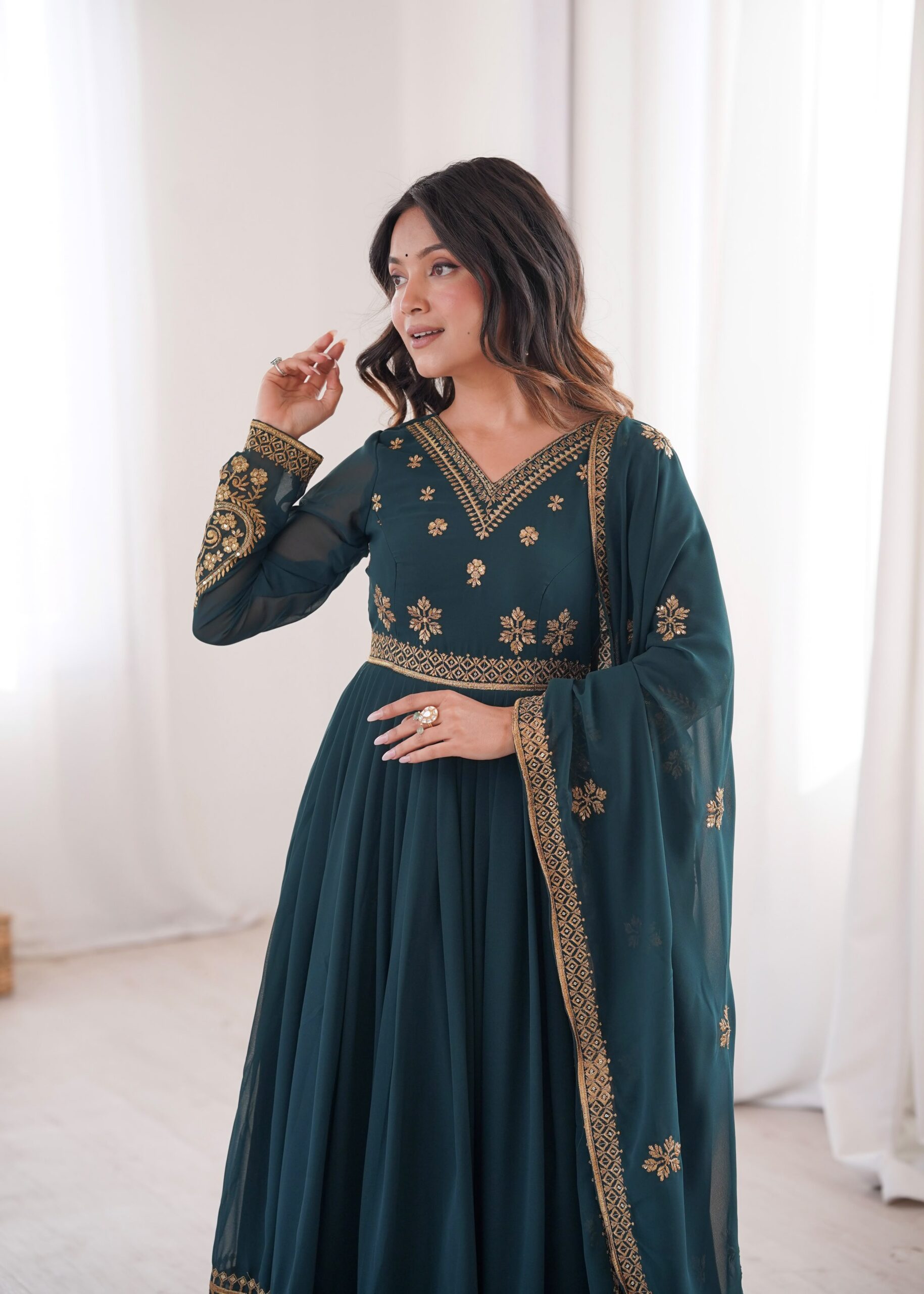 SP 104 Teal| Faux Georgette Salwar Suit with Lace Work & Digital Print. Introductory Price ₹2799. Delivery 4-6 Working Days. Shop now. | Anarkali Suits, Bollywood Anarkali, Creative-Anarkali, Designer Anarkali, Embroidered Anarkali, Party Wear Anarkali