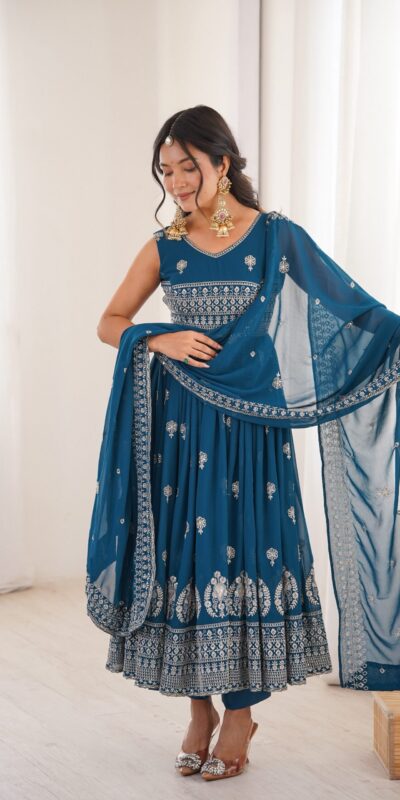 SP 91 Teal| Faux Georgette Salwar Suit with Lace Work & Digital Print. Introductory Price ₹2799. Delivery 4-6 Working Days. Shop now. | Anarkali Suits, Bollywood Anarkali, Creative-Anarkali, Designer Anarkali, Embroidered Anarkali, Party Wear Anarkali