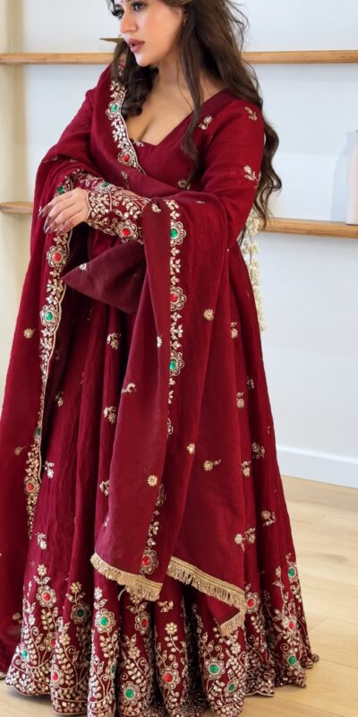 ZSR 3192 Maroon Doremon Crush Gown with Lace Work & Mirror Work. Exclusive Offer ₹2799. Delivery 4-6 Working Days. Shop now. | Gowns, Bollywood Gowns, Creative Gowns, Designer Gowns, Embroidered Gowns, Party Wear Gowns