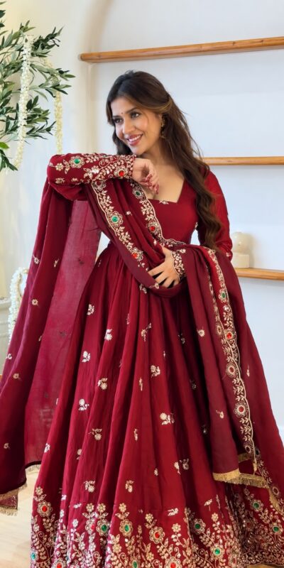 ZSR 3192 Maroon Doremon Crush Gown with Lace Work & Mirror Work. Exclusive Offer ₹2799. Delivery 4-6 Working Days. Shop now. | Gowns, Bollywood Gowns, Creative Gowns, Designer Gowns, Embroidered Gowns, Party Wear Gowns