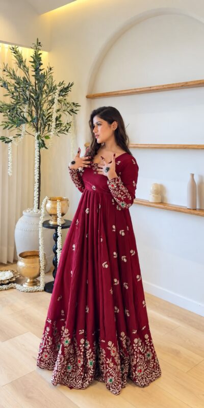 ZSR 3192 Maroon Doremon Crush Gown with Lace Work & Mirror Work. Exclusive Offer ₹2799. Delivery 4-6 Working Days. Shop now. | Gowns, Bollywood Gowns, Creative Gowns, Designer Gowns, Embroidered Gowns, Party Wear Gowns
