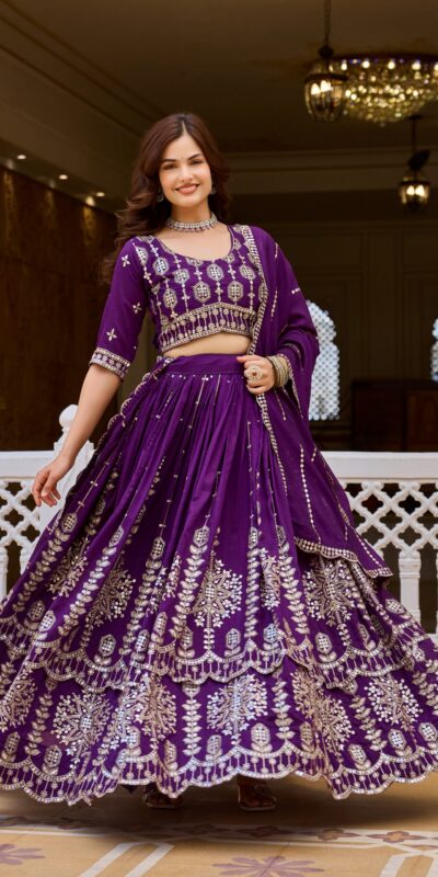 Ram 188 Purple Vichitra Lehenga Choli with Embroidery Work & Thread Embroidery. Introductory Price ₹3049. Delivery 4-6 Working Days. Shop now. | Lehenga, Bollywood Lehenga, Creative Lehenga, Designer Lehenga, Embroidered Lehenga, Party Wear Lehenga