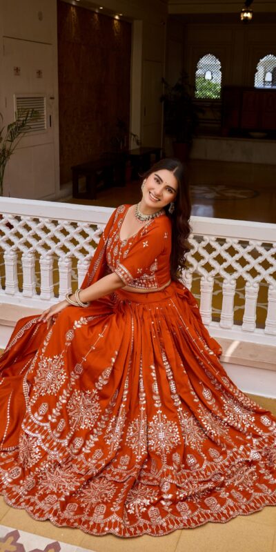 Ram 188 Rust Vichitra Lehenga Choli with Embroidery Work & Thread Embroidery. Introductory Price ₹3049. Delivery 4-6 Working Days. Shop now. | Lehenga, Bollywood Lehenga, Creative Lehenga, Designer Lehenga, Embroidered Lehenga, Party Wear Lehenga