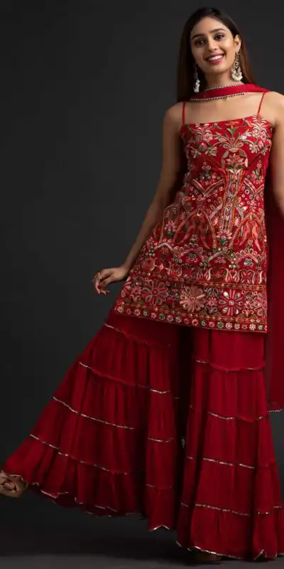 NSR 1301 Red Top : Georgette Work : Heavy Embroidery With Real Mirror Work Sharara : Georgette Wedding, Party, Festive, Events @1849/- | Salwar suit, Casual Suits, Creative suits, Designer Suits, Palazzo Suits, Party Wear Suits, Straight Suits