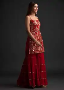 NSR 1301 Red Top : Georgette Work : Heavy Embroidery With Real Mirror Work Sharara : Georgette Wedding, Party, Festive, Events @1849/- | Salwar suit, Casual Suits, Creative suits, Designer Suits, Palazzo Suits, Party Wear Suits, Straight Suits