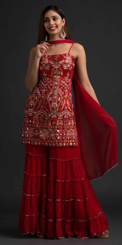 NSR 1301 Red Top : Georgette Work : Heavy Embroidery With Real Mirror Work Sharara : Georgette Wedding, Party, Festive, Events @1849/- | Salwar suit, Casual Suits, Creative suits, Designer Suits, Palazzo Suits, Party Wear Suits, Straight Suits