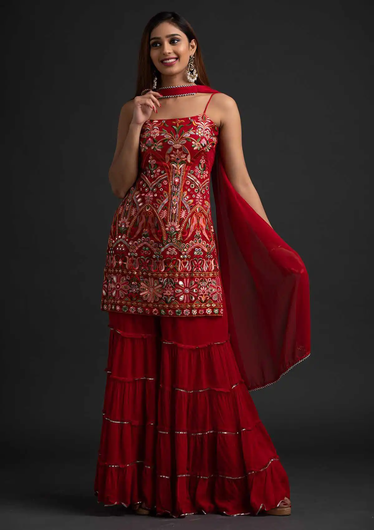 NSR 1301 Red Top : Georgette Work : Heavy Embroidery With Real Mirror Work Sharara : Georgette Wedding, Party, Festive, Events @1849/- | Salwar suit, Casual Suits, Creative suits, Designer Suits, Palazzo Suits, Party Wear Suits, Straight Suits
