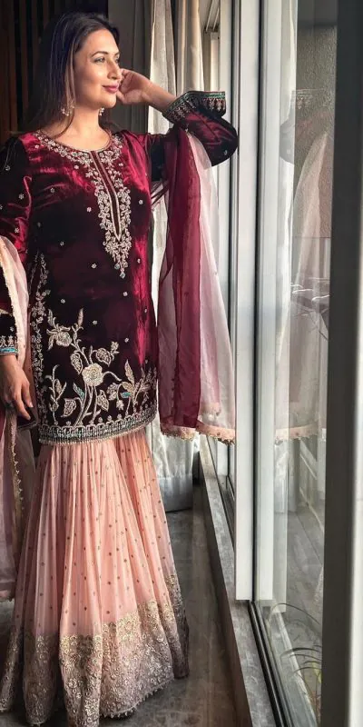 beautiful-designer-maroon-color-heavy-velvet-sharara-suit