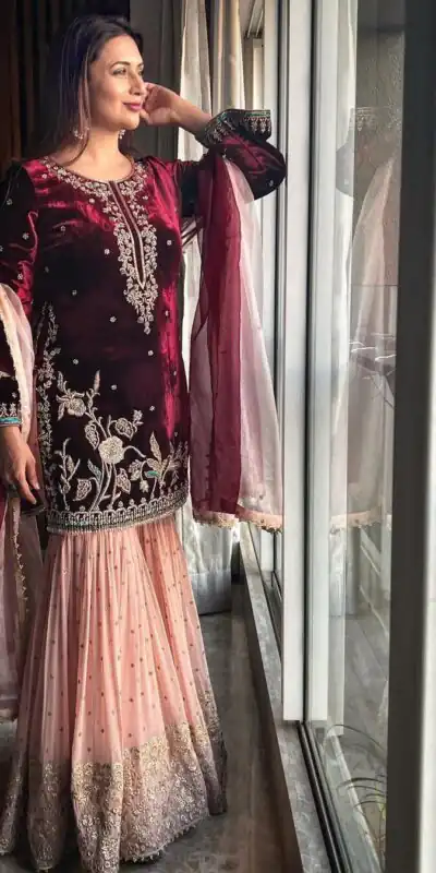 KD 1138 Maroon Top : Heavy Velvet Work : Thread Work Wedding, Party, Festive, Events Etc. Thread Work Sharara @2049 | Salwar suit, Casual Suits, Creative suits, Designer Suits, Palazzo Suits, Party Wear Suits, Straight Suits