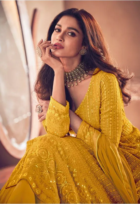Glamorous Yellow Color Heavy Georgette with Santoon And Embroidery Designer Work Suit
