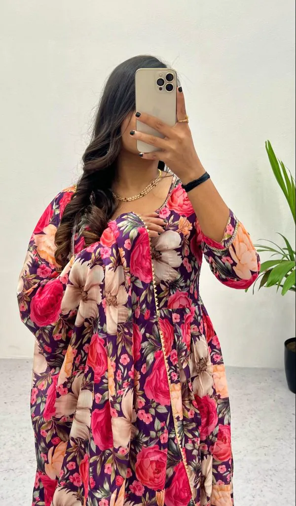 Pink Heavy Chinon Printed Gown with Dupatta - Image 2