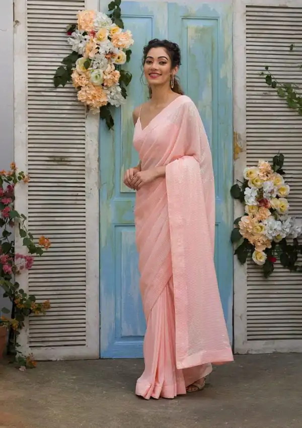 Elegant Pink Color Georgette Rainbow Sequence Work Saree