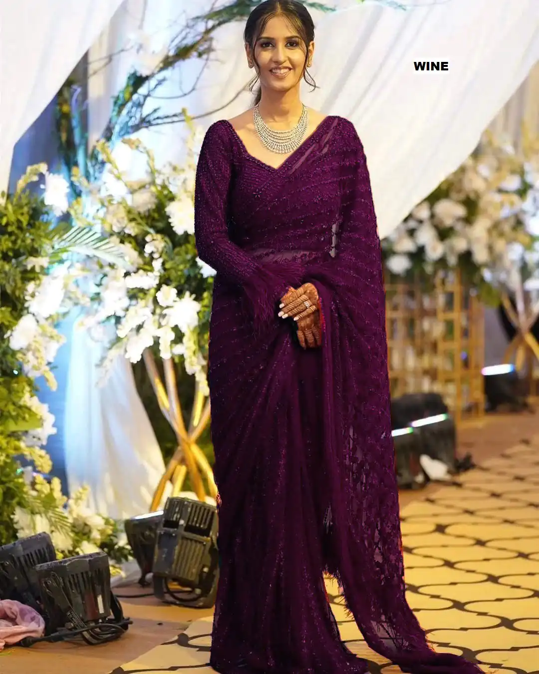 DF 3369 Wine Color Mono Net Sequins Embroidery work Saree Casual, Wedding, Festive, Events Etc. Expected Delivery 4-6 Working Days @1699/- | Sarees, Bollywood Sarees, Creative Sarees, Designer Sarees, Embroidered Sarees, Ethnic Saree, Modern Digital sarees, Party Wear Sarees