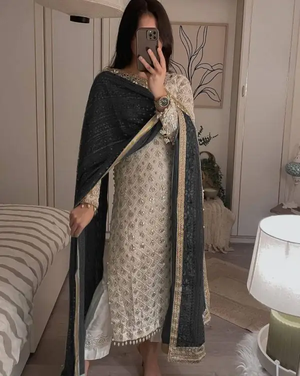 Pretty White Color Sequence Work Salwar Suit With Black Dupatta