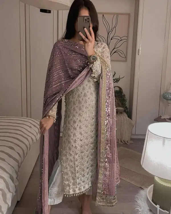 White Sequence Work Salwar Suit with Pink Dupatta - Image 2