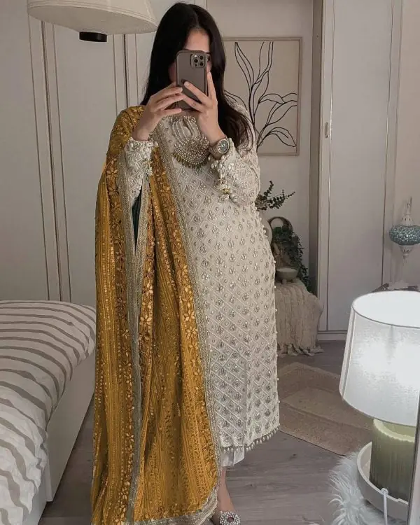 White Sequence Work Salwar Suit with Yellow Dupatta - Image 2
