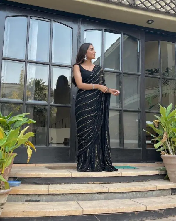 Simple Black Color Georgette Sequence Work With Peiping Saree
