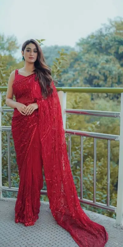 Stylish Red Color Georgette Multi & Sequins Embroidery Work With Lace Border On Saree