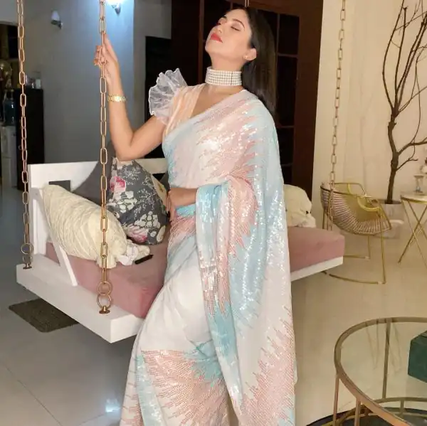 Stylish White Color Soft georgette shaded sequence work Saree